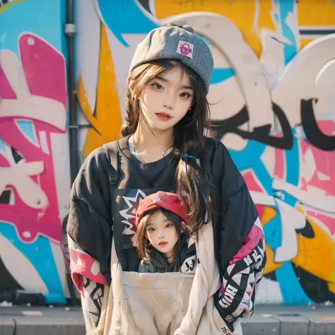 Hip hop woman，Background bokeh，Leaning against the graffiti wall，With a hat on，hip hop style，Quirky look，shapely body，Tattooed with，8k wallpaper