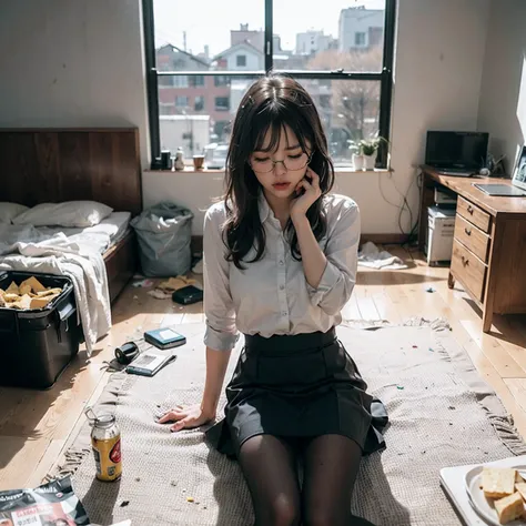 (8k, RAW photos, best quality, masterpiece, : 1.2), (realistic, photorealistic: 1.37), (1 girl, solo: 1.3), office lady 24 years old Japan girl, office lady, office lady, black hair, ((disheveled hair, unkempt hair: 1.5)), labor, hard work, social animals,...