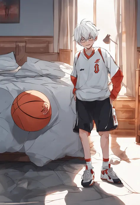 Bedroom photo of asian white hair boy wearing realistic basketball uniform，