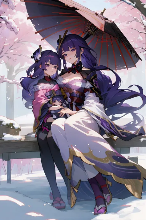 Anime image of two women in the snow, WLOP and Sakimichan, Purple-haired deity, Anime fantasy illustration, Genshin, Onmyoji detailed art, two beautiful anime girls, Mother and child，happy face，high quality，best quality，more details on eyes