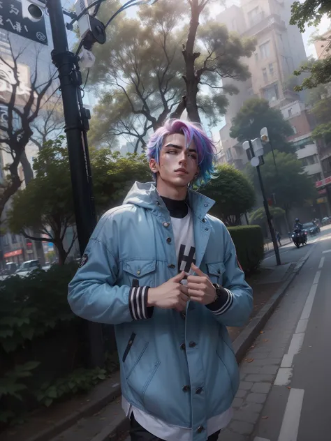 Cool boy，Handsome signature look，Unique hair color，Dazzling colours，Cool action，The background is full of energy，Frenzied streets，Light and shadow interlace，streetart，Fashion LOGO。