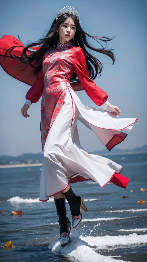 32K（tmasterpiece，k hd，hyper HD，32K）Long flowing black hair，ponds，zydink， a color，  Xuzhou people （Seduce girls）， （Red scarf in the snow）， Combat posture， looking at the ground， long whitr hair， Floating hair， Carp pattern headdress， Chinese long-sleeved si...