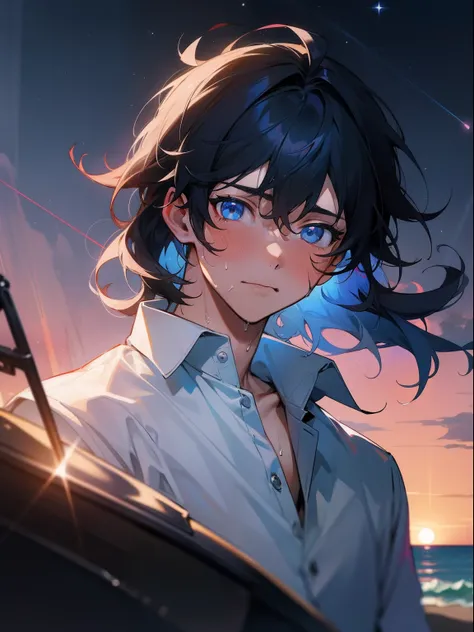 1 male, High school students, portlate, Subrealismo, HDR, Best Quality, official artwork, key visual, Detailed background, Beach background, Starry sky, Night, Intense angle, Looking at Viewer, Dark blue hair, Medium hair, Messy hair for men, Outer hair 1:...