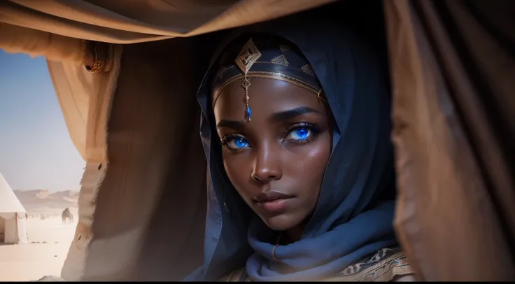 Black woman in clothes from biblical times, blue eyes, living in a Bedouin tent