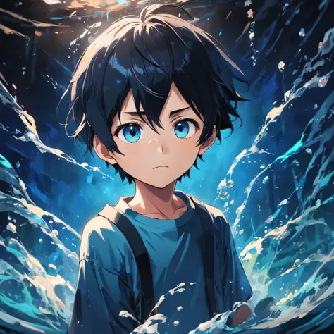 Water canvas in fiber and light art, （1 3 year old boy：1.3）, with short black hair，The facial expression is pleasant, High quality, High contrast, ultra fine detailed, Night, At the Fantasy Studio,