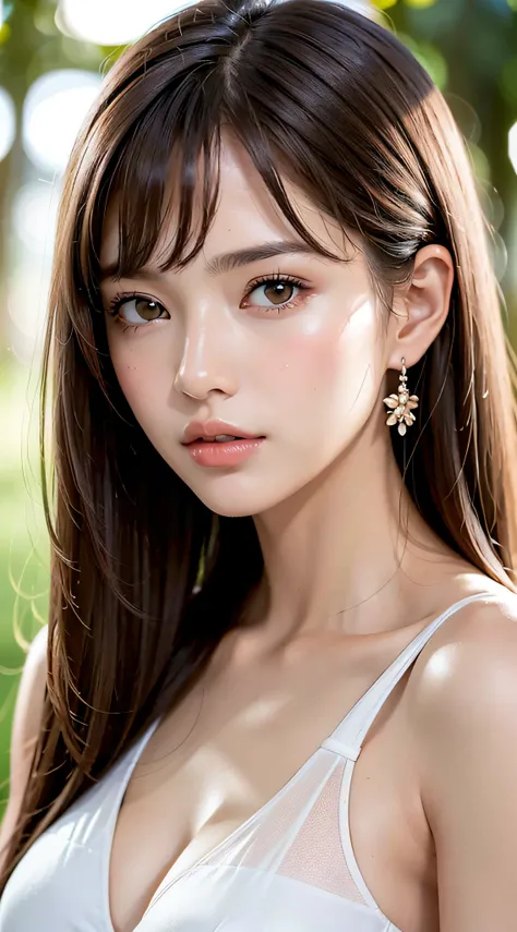 1womanl, up of face, mideum breasts, light brown hair, Blunt bangs, hair behind ear, hair over shoulder, Long hair, slender body shape, Ultra Fine Face, Thin face, Delicate lips, Beautiful eyes, thin blush, eyes are light brown, perfect glossy skin, flawle...