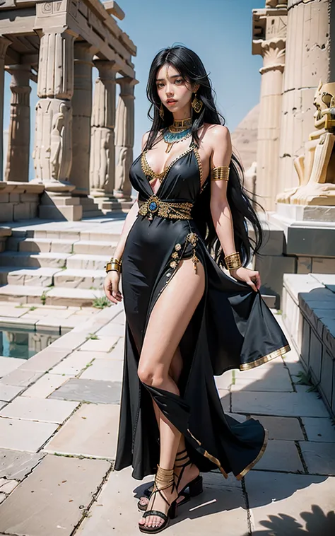 （Ancient Egyptian temples：1 girl with black hair,An Egyptian princess）， tmasterpiece， best qualtiy， RAW photogr， realisticlying， the face， Incredibly Ridiculous res，， ear studs， (flowing long black hair)，Plain ancient Egyptian long dress，jewelry，(sandals)，...