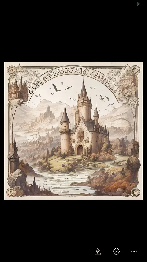 There is a photo of a castle on a hill with a river, Detailed cover artwork, cd cover artwork, steampunk villages castles, wizards tower, Official artwork, artwork of a, magic and steam - punk inspired, Album art, castle town, wizard tower, album covers, t...