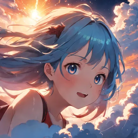 masterpiece, best quality, movie still, 1girl, cloud girl, floating in the sky, close-up, bright, happy, warm soft lighting, sunset, (sparks:0.7)