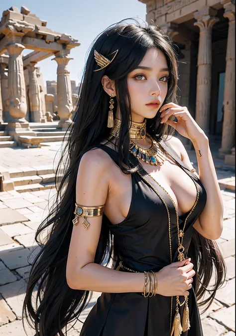 （Ancient Egyptian temples：1 girl with black hair,An Egyptian princess）， tmasterpiece， best qualtiy， RAW photogr， realisticlying， the face， Incredibly Ridiculous res，， ear studs， (flowing long black hair)，Plain ancient Egyptian long dress，jewelry，depth of f...