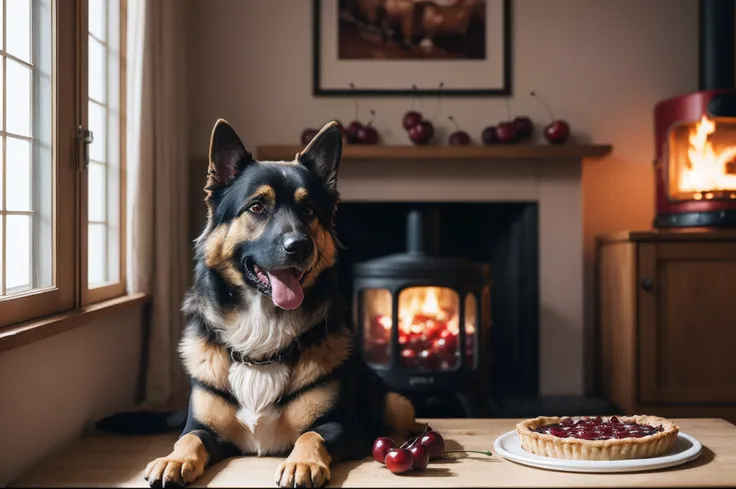 Photograph of a German Shepherd dog sitting next to a warm cherry pie, warm atmosphere, Captured by Panavision Panaflex Platinum Camera with Panavision Primo Primes Spherical Lens 50mm T1.9