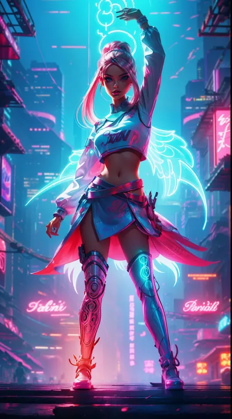 "Generate a mesmerizing illustration featuring a Barbie girl striking a dynamic pose with an angelic presence, standing amidst a vibrant neon cityscape adorned with captivating bokeh lights."