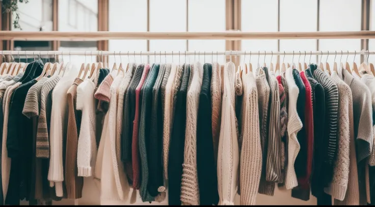 Clothes store、Colorful knitwear、Tons of colorful sweaters、Colorful sweater hanging on clothes rack、sunlight、fashion photograhy、Stylish interior