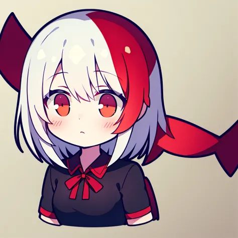 fish on the head, solo, 1 girl, looking at viewer, upright, concept art, white background, simple background, white hair, red gradient hair, short sleeves, watercolor pencil, expressionless, blush, virtual youtuber