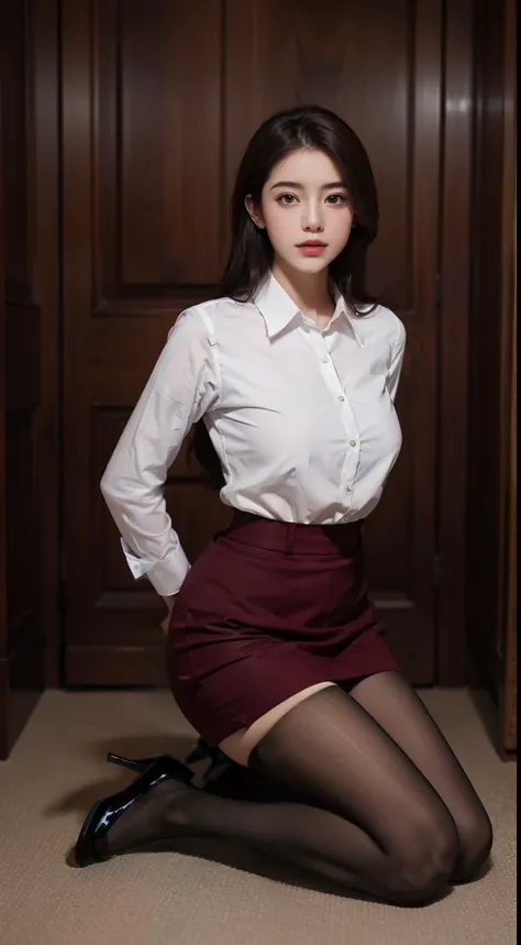 Best quality, Full body portrait, Delicate face, Pretty face,  Slim figure, Burgundy office ladies uniform，office clothes, White suspender stockings, cabellos largos dorados，adolable，Kneeling pose，black heels