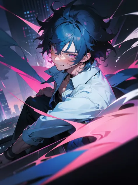 1 male, Male character in his 20s, Subrealismo, Dynamic Angle, medium shot, Best Quality, official artwork, key visual, city, Detailed background, Night, Intense angle, Shaft angle, collateral, Looking at Viewer, Dark blue hair, Medium Hair, Messy hair for...