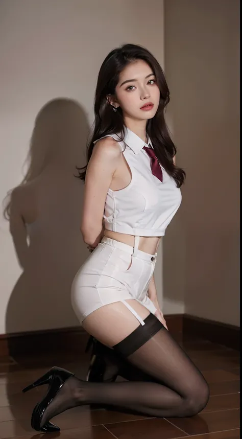 Best quality, Full body portrait, Delicate face, Pretty face,  Slim figure, Burgundy office ladies uniform，office clothes, White suspender stockings, cabellos largos dorados，adolable，Kneeling pose，black heels