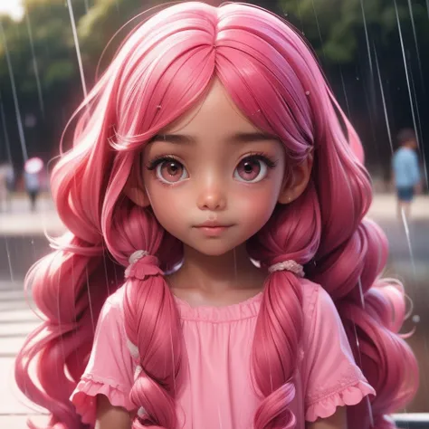 A child playing on rain, brown skin girl, long pink hair, pink theme