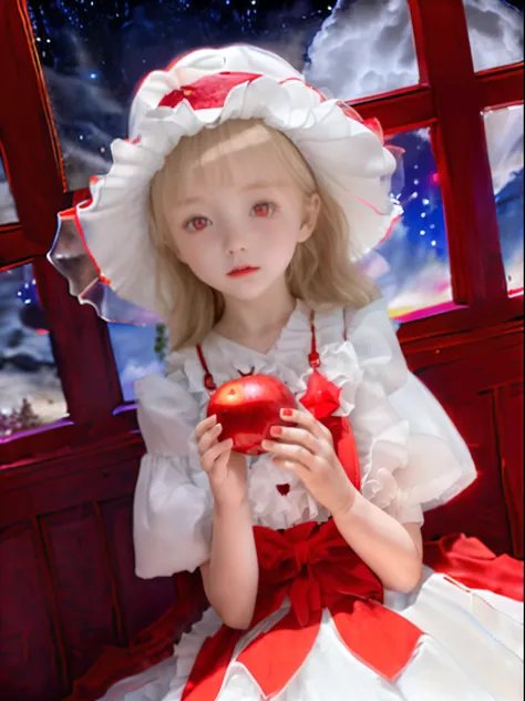 1 and 10 year old girls in reddish white ruffled sleeve dresses、Young Face、White fluffy hat、a blond、Lots of bangs、((red eyes:1.3))、Holding a red apple in your hand、Lori、(vampire girl:1.1)、Night sky and red moon view、Sit near the black window glass、(Night s...