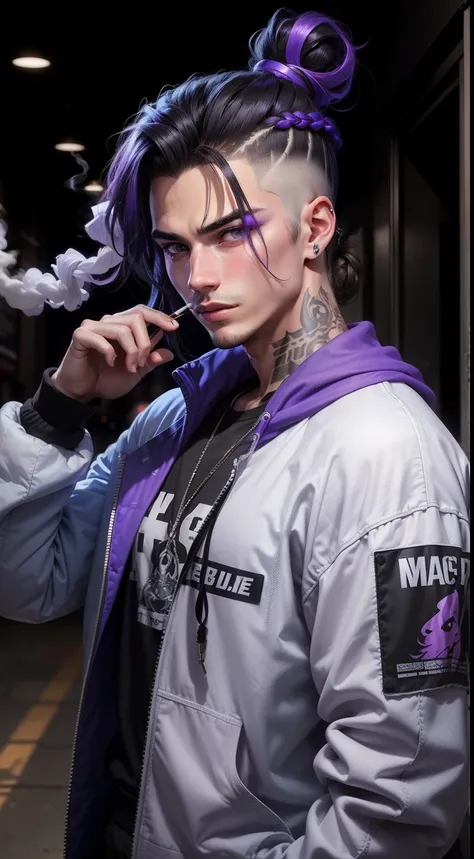 Young adult Male with black long  hair tied up in bun, blue magic eyes, purple ombre, smoking, wearing gang clothes, shaved face, gangster, member o