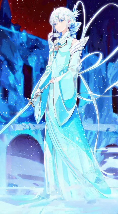 anime girl in blue dress holding a sword in the snow, ((a beautiful fantasy empress)), beautiful celestial mage, ice sorceress, flowing magical robe, the piercing stare of yuki onna, ice mage, ethereal anime, white haired deity, princess kida kidagakash, b...