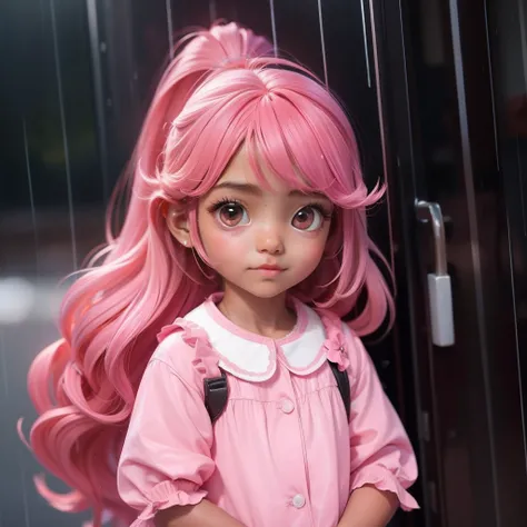 A child playing on rain, brown skin girl, long pink hair, pink theme, styled hair