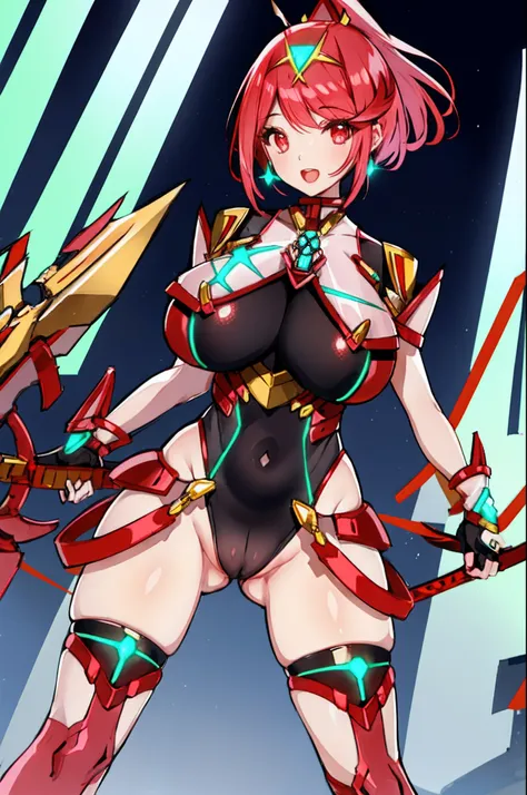 pyra (xenoblade), teen_1girl, loli, bangs, black gloves, breasts, red eyes, light_open_mouth, earrings, eyelashes, fingerless gloves, floating hair, , gem, gloves, hair ornament, headpiece, jewelry, big_breasts, leaning back, swimsuit, neon trim, official ...