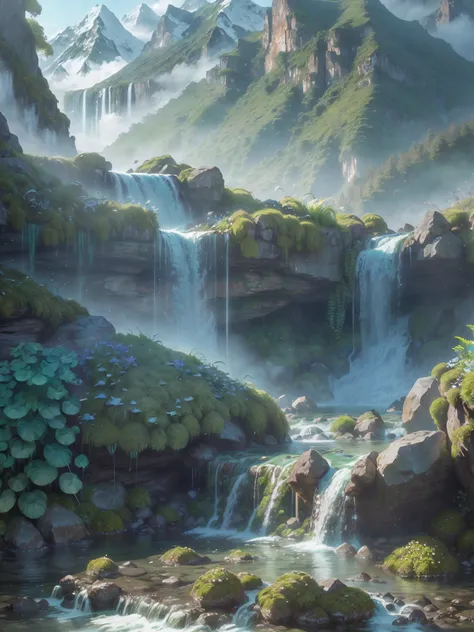 Hyper-realistic、16K High Resolution、small-scale、(Aqua waterfall in the mist trapped:1.4)、(mountain stream、mosses、ferns:1.5)