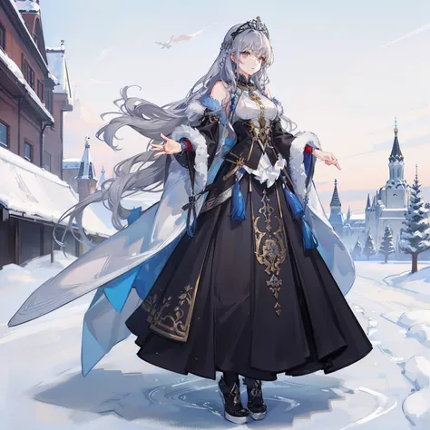 Adult woman, gray wavy hair with blue strands, gathered in a long braid, gray eyes, royal attire of the era of tsarist Russia, fur jewelry, sad look, black clothes, costume with open top and pants, Ice Goddess