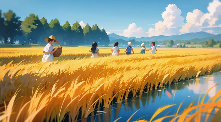 at the lakes，A group of children frolicking happily，Splashing。A lush forest surrounds a tranquil lake，The surface of the lake is sparkling，Reflecting the reflection of the blue sky and white clouds。
in distance，Golden wheat fields sway in the wind，Its like...