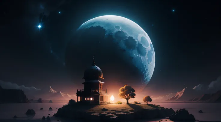 Make a beautiful small anime moon in a very small dark setting in the center