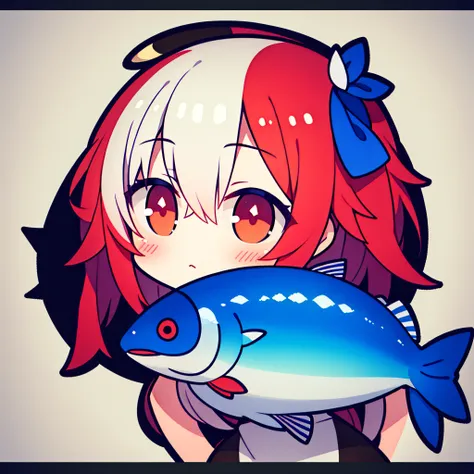 fish on the head, solo, 1 girl, looking at viewer, upright, concept art, white background, simple background, white hair, red gradient hair, short sleeves, watercolor pencil, expressionless, blush, virtual youtuber