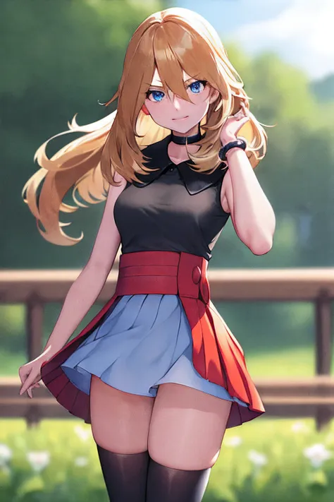 ​masterpiece, top-quality, Hi-Res, blue eyess, Serena(A pokémon), 1girl in, 独奏, thighs thighs thighs thighs, length hair, jewely, A bracelet, black thighhighs, shirt with collar, pleatedskirt, a red skirt, Sleeveless, high waist skirt, sleeveless shirts, E...