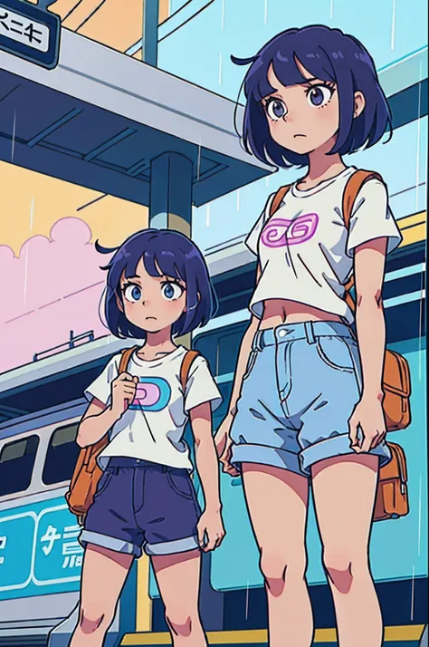 (best-quality:0.8), (best-quality:0.8), perfect anime illustration, Dora the explorer, teen, hot pants, loose fitted tee,  standing at a train station in the rain