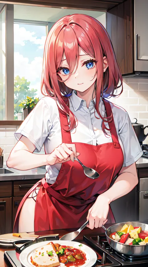 she is cooking dish at the kitchen, milf mode