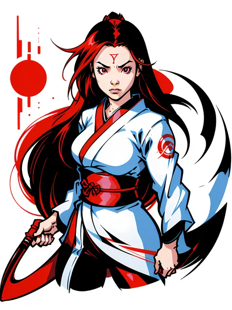 japanese assasssin girl, white red, vector logo, vector art, dual color, simple, cartoon,