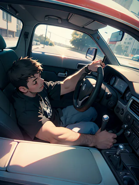 pick up  truck male driver sleeps on the steering wheel,  Photorealistic, Photography, 35mm film camera with a wide-angle lens