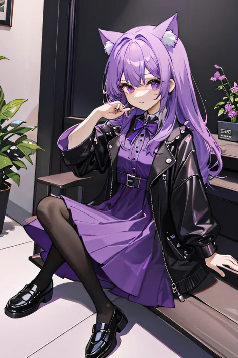 Purple colored hair，Dress dress，stocklings，cat ear，leather shoes