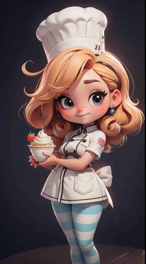 Create a series of cute baby chibi style dolls with a cute pastry chef theme, each with lots of detail and in an 8K resolution. All dolls should follow the same solid background pattern and be complete in the image, mostrando o (corpo inteiro, incluindo as...