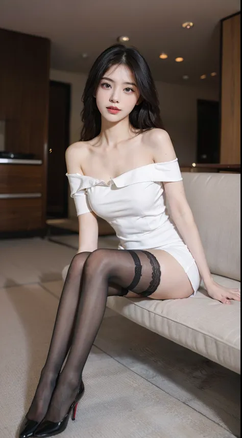 best qualtiy, Full body like，Refined face，pretty  face，25 years old woman，slimfigure，Smaller bust，Red off-the-shoulder top，Short white dress，black lence stockings，Indoor parking，Sit Pose，yellow long hair