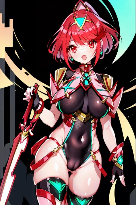 pyra (xenoblade), teen_1girl, loli, bangs, black gloves, breasts, red eyes, light_open_mouth, earrings, eyelashes, fingerless gloves, floating hair, , gem, gloves, hair ornament, headpiece, jewelry, big_breasts, leaning back, swimsuit, neon trim, official ...