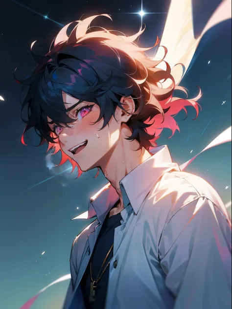 1 male, Male character in his 20s, Subrealismo, nffsw, medium shot, Best Quality, official artwork, key visual, Detailed background, Beach background, Starry sky, Night, Intense angle, Dynamic Angle, Looking at Viewer, Dark blue hair, Medium Hair, Messy ha...