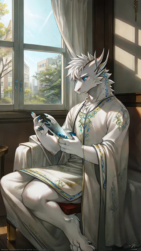 Bionic Dragon，White dragon，White Hanfu，Anthore，Sitting by the window of the apartment，HD graphics，Detailed and realistic，high detal，high qulity，photo-realistic，photorealistic eye，Detailed paws，Clear eyes，Masterpiece artwork，Five-fingered hands，top-quality，...