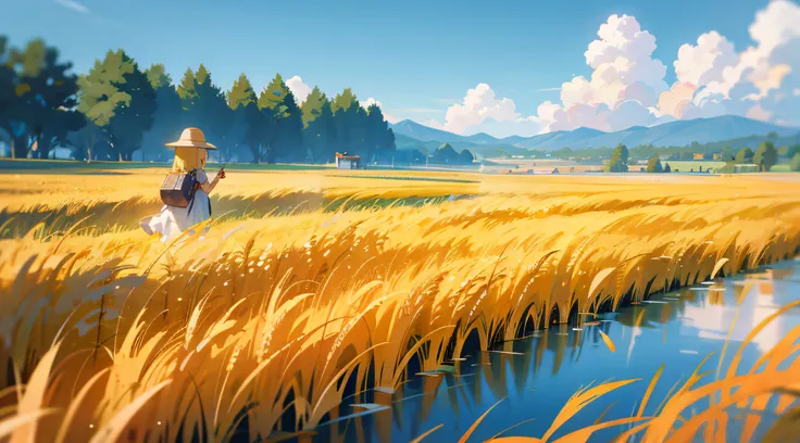 There are cute little girls playing in the golden rice fields，The little girl was facing her back，In the distance there are mountains and green woods