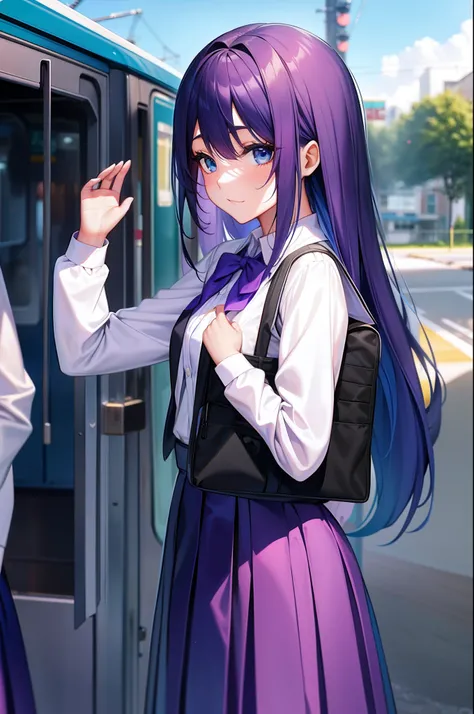 schoolgirls，Gorgeous Hair in Long Purple，Turquoise blue eyes，dual horsetail，JK school uniform，long  skirt，In the tram。