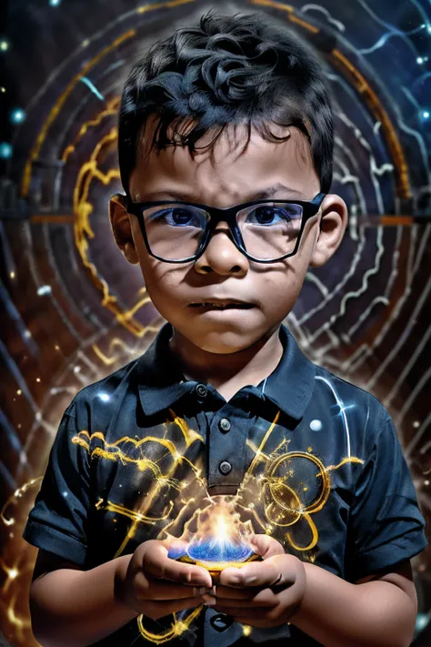 loranerdinho1, create an incredibly detailed illustration of a 3-year-old boy wearing glasses, usando magia. rays of blue and ye...