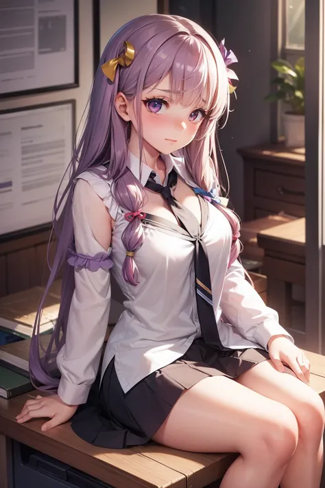 Girl sitting on desk, pervert, ultra-detailliert, Patchouli Knowledge, Beautiful body, Beautiful face, Good anatomy, Embarrassed look, Blushing, hands covering mouth, Looking down