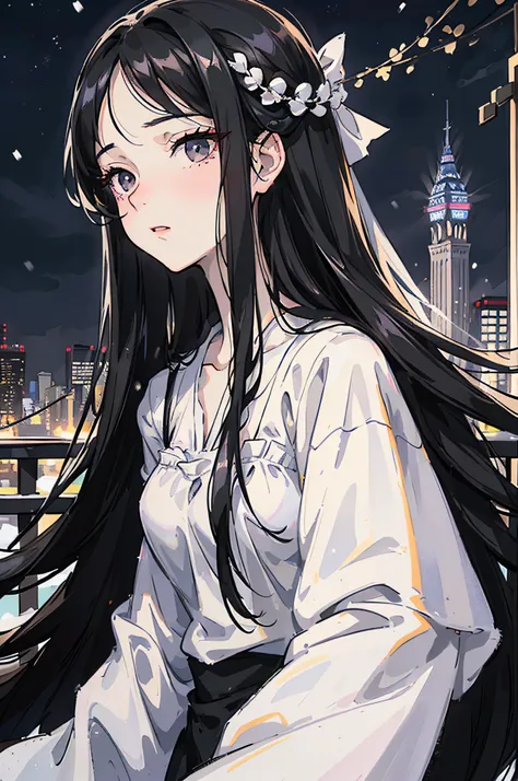 Mature girl , long black hair, long black hair, floating hair, black eyes, black eyes, delicate and smart eyes, starry pupils, white nightgown, FOV, f1.8, masterpiece, complex scene, front portrait shot, snowing night, night, city in background,