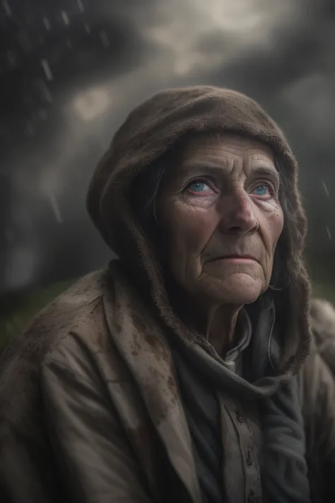 (scharfer fokus:1.2), an award-winning photo of an old farmer, wassertropfen, thunderstorms outside, lightning hintergrundbeleuc...