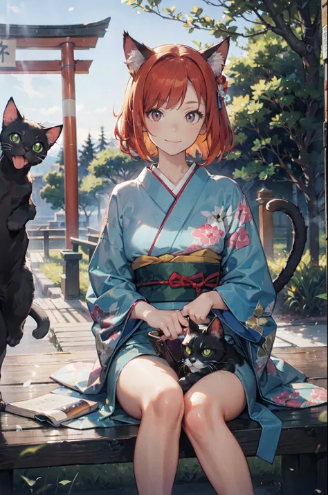 masutepiece, Best Quality, Detailed beautiful face and eyes, Full body, The best illustrations, PastelColors, (jpn、Shrine 1.4), Red torii gate, beauitful face, blurry backround, 10 year old beautiful girl, shinny skin, (１The tail of a cat in a book grows:1...